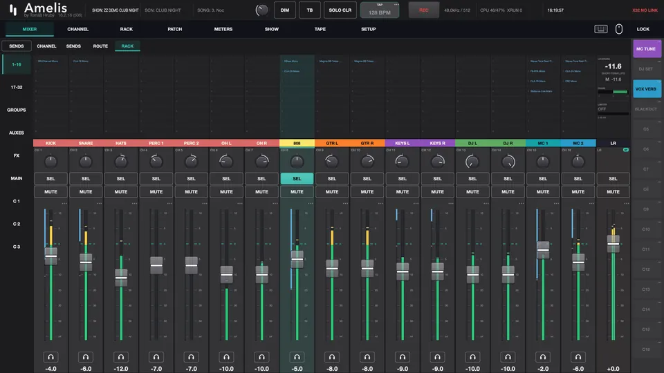 Amelis mixer for a club show with 808, DJ and MC channels