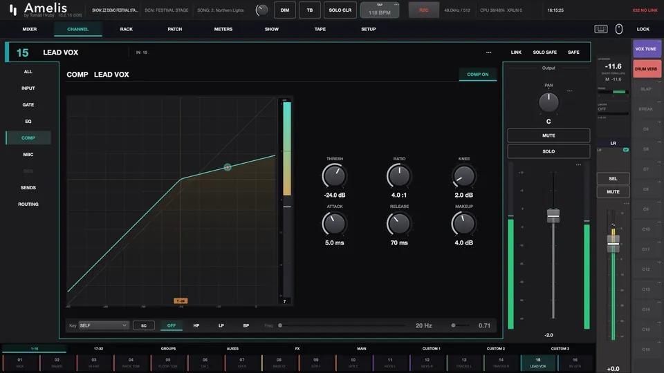 Amelis compressor page with a transfer curve and gain reduction meter
