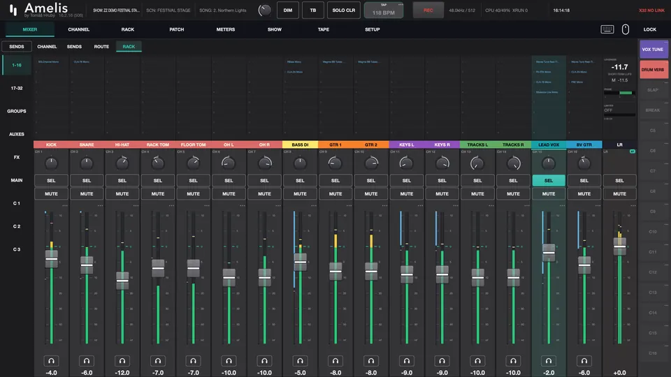 Amelis mixer with each channel's plugin list across the top