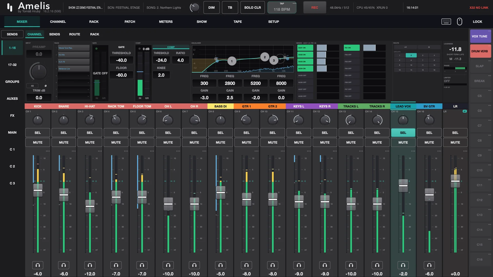 Amelis mixer with 16 named channels, live meters and the lead vocal's gate, compressor and EQ across the top