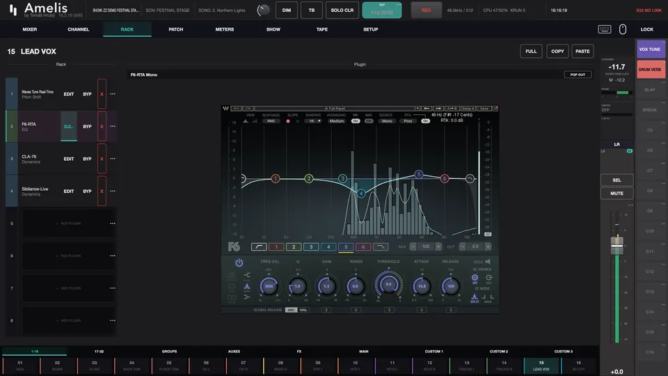 Waves F6 dynamic EQ docked inside the Amelis rack page on the lead vocal
