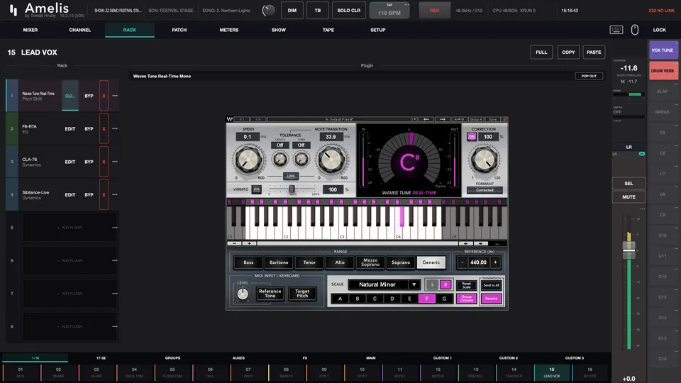 Waves Tune Real-Time in the Amelis rack, set to F sharp natural minor