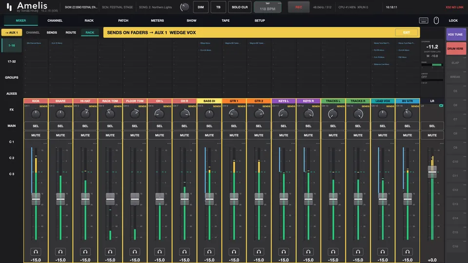 Amelis mixer showing each channel's send to the vocal wedge on its fader