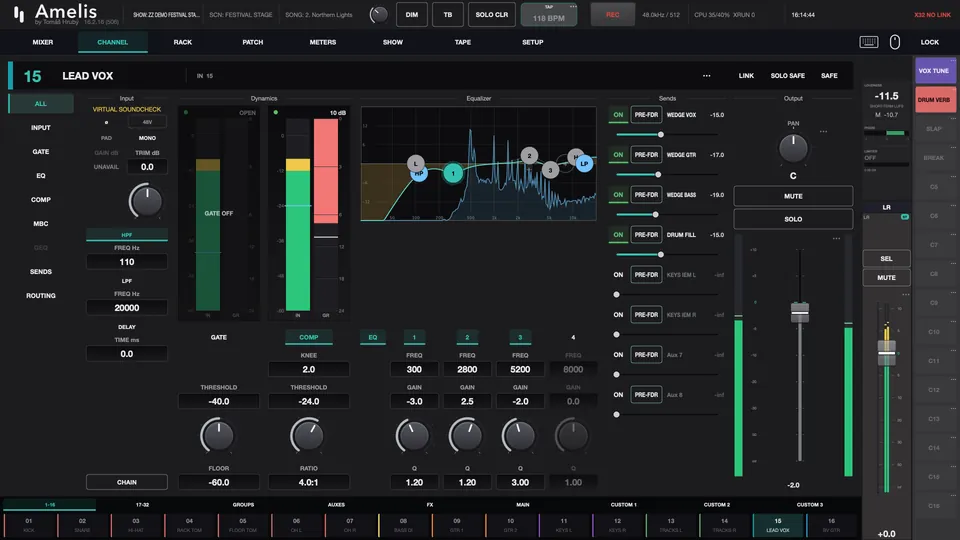 Amelis channel page for the lead vocal, with gain reduction, an EQ over a live analyser and monitor sends